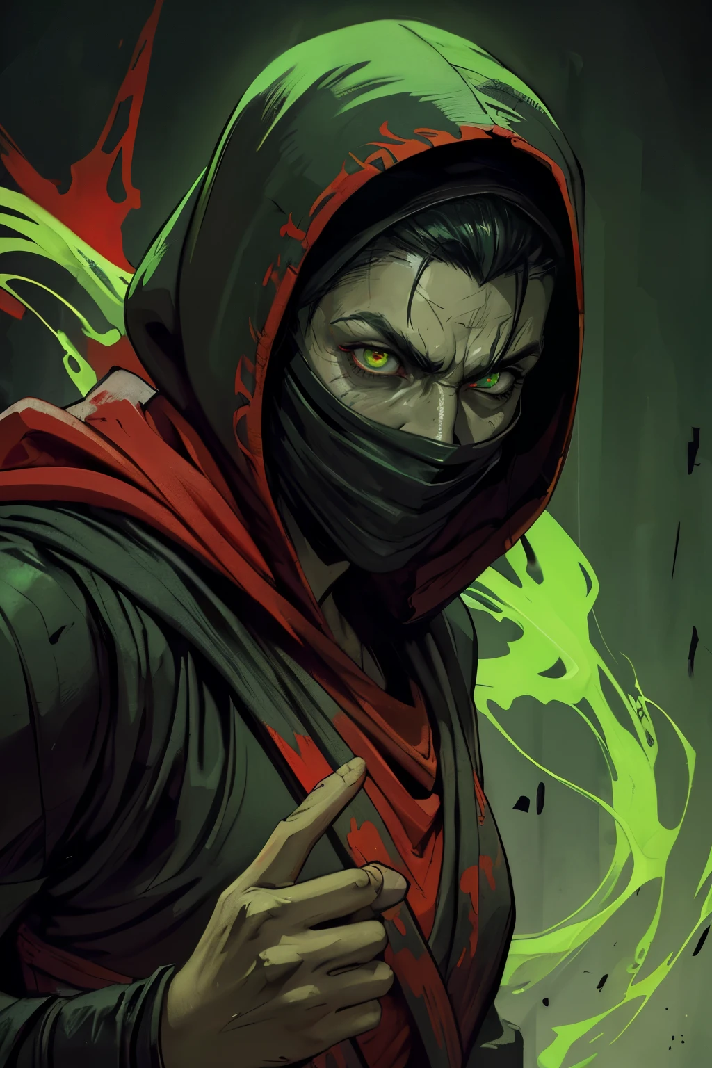 Ermac from Mortal Kombat, wearing black-and-red, mummy-like tattered robe adorned with ancient markings, face is obscured by a mask or hood, (glowing green eyes), ((levitating)), high detail, sharp focus, dramatic, photorealistic painting art ,all people green souls,lurid,necromace,green aura,fight pose,all wraith