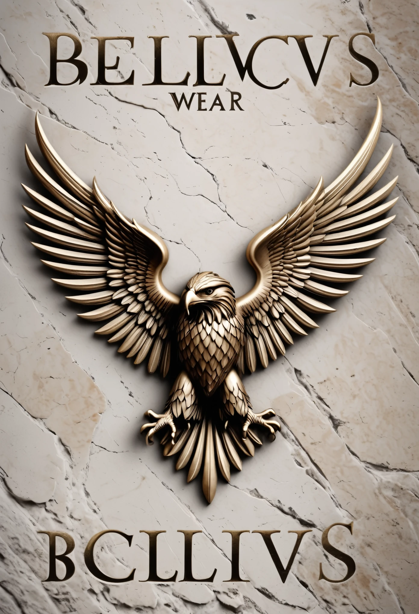 Um design que apresenta o nome "Bellicvs Wear" in a font reminiscent of Roman inscriptions on stone, com detalhes intrincados e elegantes. Elementos como coroas de louros, War symbols or Roman eagles can be incorporated, conveying a sense of achievement and power.