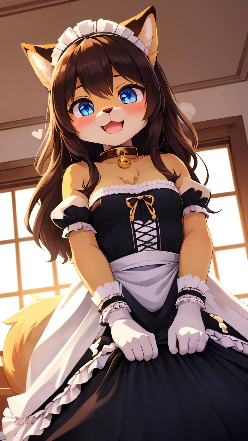 best quality,best resolution,(fluffy anthro furry :1.6),(young :1.6),cat girl,small breasts,dark brown hair,long hair,wavy hair,curvy hair,gold canine fur,gold dog tail,gold fur,blue eyes,glistering eyes,sparkle eyes,small bell collar,maid outfit,maid headdress,maid gloves,ruffles,beautiful cafe,white light,looking at viewer,full face blush,shy face,smile,heart eyes,heart expression eyes,open mouth,straddle viewer,girl on top,low angle,front view,heavy breath,hands on viewer