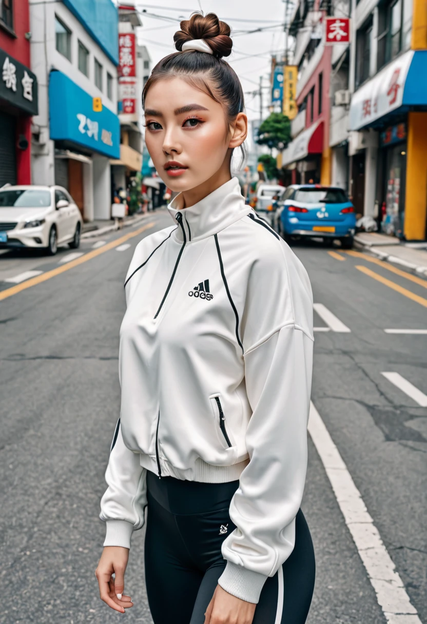 parted_Bun hair, female, sporty fashion,Photo shoot, 도시 standing on the street, elegant girl, standing on the street, Fashion Shoot 8K,