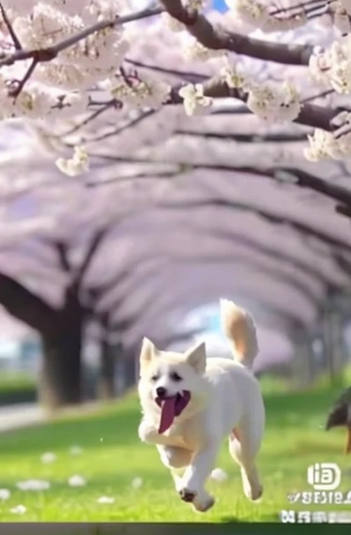 Video of a dog walking under the cherry blossoms