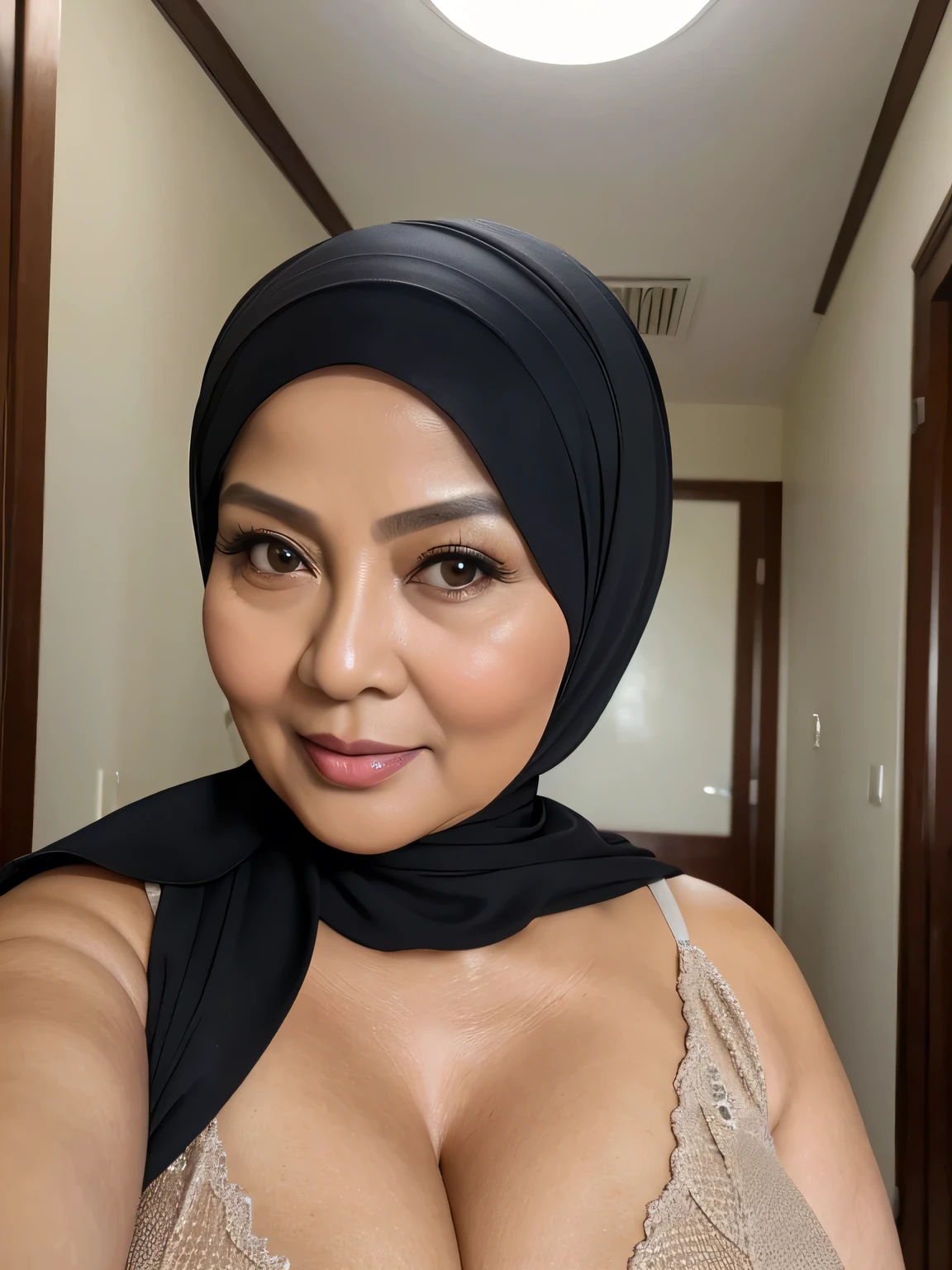 (selfie photo)) (Realistic) ((Sexy Hijab)) (real mature face) (old beauty) 62 Years old fat Indonesian mature woman, sexy curvy, (sexy chubby body shape), (natural makeup), Big : 34.9, Breast about to burst Out, (exposed cleavage) (old woman in Jakarta) soft smile, facing at camera, half body - professional photography with excellent lighting. Blurred background