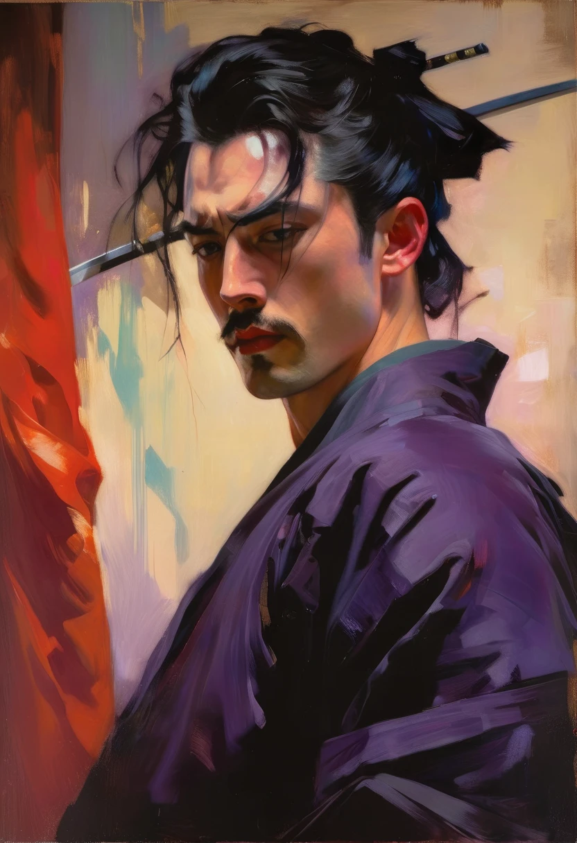 malcolm liepke painting on sensual illustration of an elegant samurai, riot games concept art beauty, eerie, the model draped in flowing, thick oil painting, extremely soft colors, vibrant, highly detailed, , oil on linen,  high contrast, dramatic, refined, tonal, Create high contrast between light and shadow, impactful paint of portrait of a man  highly detailed,   8k,   sharp,  professional, clear,   high contrast, high saturated, , vivid deep blacks, crystal clear