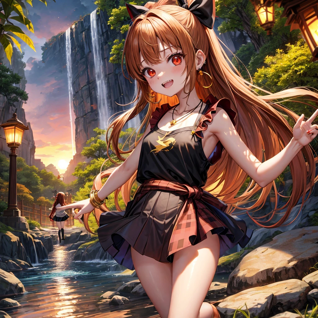 Brown, red, gold, golden hair、Red eyes、One good looking girl、solo、anime、Checkered mini skirt、Black camisole、Black T-shirt、hoodie、Wearing a ribbon、Ribbon on waist、Crystal Earrings、Gemstone Necklace、Light and shadow、Tilting face、Teeth are visible、waterfall、Torrent、tunnel、pylon、Sunset sky、Towering、frilled lizard、light、flash、Barrel、Wife、loose、moss、isolated island、Hell's Gate、Blue flame