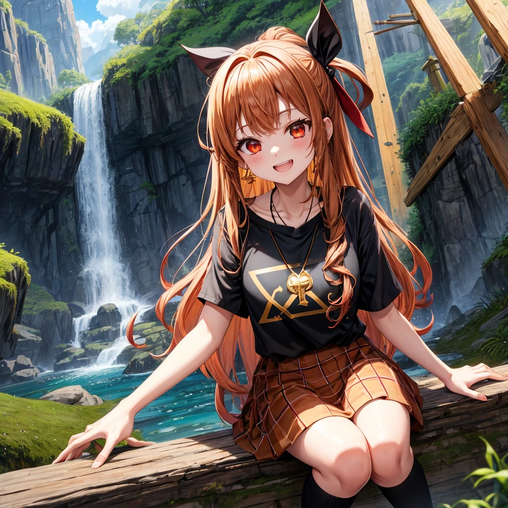 Brown, red, gold, golden hair、Red eyes、One good looking girl、solo、anime、Checkered mini skirt、Black camisole、Black T-shirt、hoodie、Wearing a ribbon、Ribbon on waist、Crystal Earrings、Gemstone Necklace、Light and shadow、Tilting face、Teeth are visible、waterfall、Torrent、tunnel、pylon、Sunset sky、Towering、frilled lizard、light、flash、Barrel、Wife、loose、moss、isolated island、Hell&#39;s Gate、Blue flame
