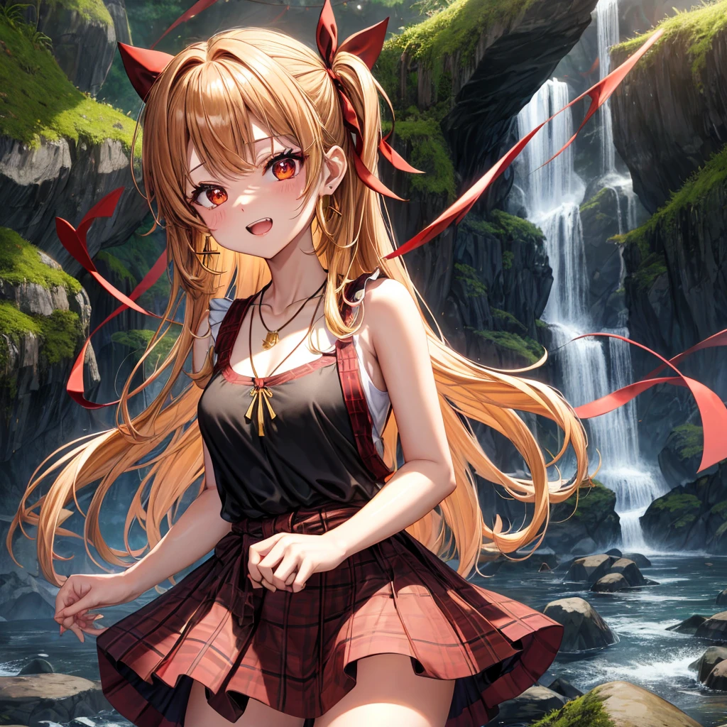 Brown, red, gold, golden hair、Red eyes、One good looking girl、solo、anime、Checkered mini skirt、Black camisole、Black T-shirt、hoodie、Wearing a ribbon、Ribbon on waist、Crystal Earrings、Gemstone Necklace、Light and shadow、Tilting face、Teeth are visible、waterfall、Torrent、tunnel、pylon、Sunset sky、Towering、frilled lizard、light、flash、Barrel、Wife、loose、moss、isolated island、Hell's Gate、Blue flame