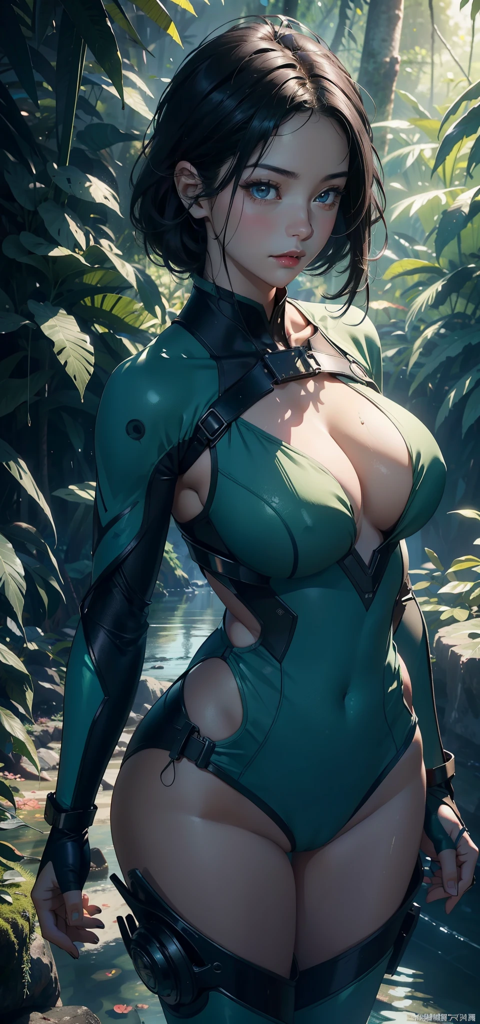 1 female，Large Breasts（background：In the woods，Rainforest，In the summer，Sea） She has short black hair，，Straight Hair，Red lips，Standing in the water，Front view， OK， Gloomy sky，（（（masterpiece），（Highly detailed CG Unity 8k wallpaper），最OK质量，Light，详细background，beautiful eyes，（Very delicate and beautiful），（Beautiful and detailed description of the eyes），Ultra Detailed，masterpiece，）），face camera，high resolution，Ultra Detailed），Exposing breasts，Exposing genitals， Convex，Camel toe，Sexy bulge，U.K.（wear：Green diving suit，Rompers，Exoskeleton armor，Combat uniform）