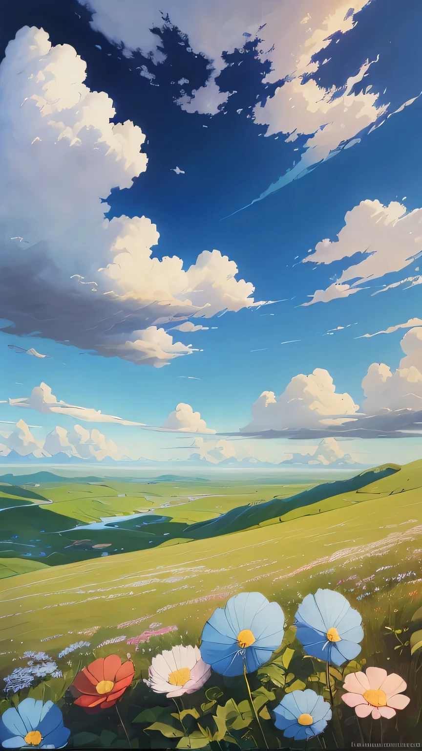 realista, Authentic, beautiful and amazing landscape oil painting Studio Ghibli Hayao Miyazaki&#39;petal pasture with blue sky and white clouds --v6