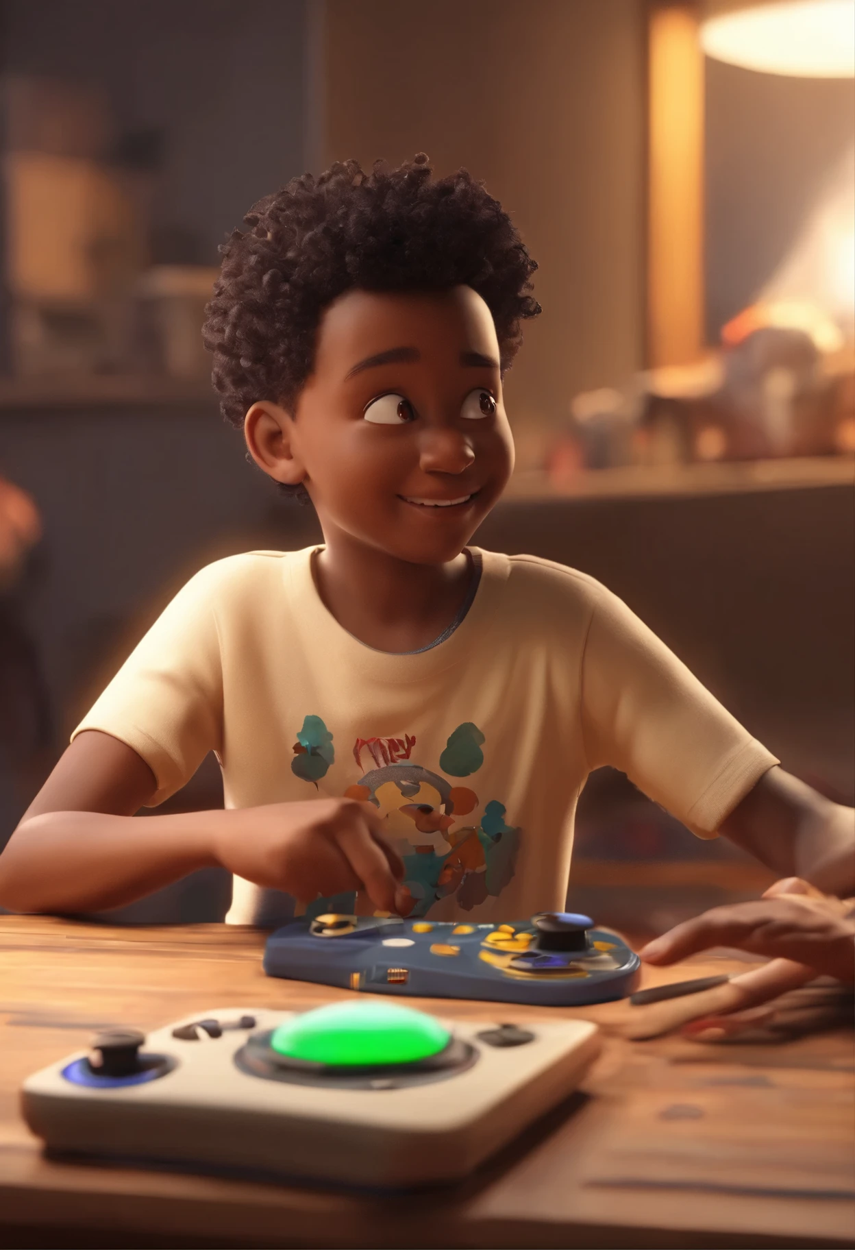 Create a 3D Disney-style image of a dark-skinned boy with earrings and short curly hair playing video games 