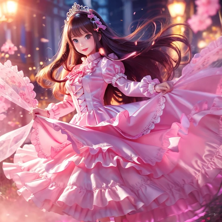 ,highest quality, masterpiece, highest resolution, artwork, super それにget used to it, many get used to it, get used to it, それにget used to it, 3K realistic photos,,((10 year old little girls)),Super detailed baby face,both are princesses,Full length ball gown dress with hoop skirt,ruffled yoke collar,Detailed braided ribbon on chest,puff sleeves,long sleeve,((Lolita style hot pink detailed princess satin dress、Comes with lots of frills and ribbons。)),crazy'colorful fashion,shiny silk satin dress,soft and smooth silk satin fabric,luxury,Very long blonde hair,blue eyes,white skin european,pajamas,((on the lake)),Princess dancing happily,gorgeous flowing dress,fine white frills and lace,Super long hair that is as tall as your body,white long socks,Detailed petticoat visible from inside the dress,Detailed white ruffle and lace petticoat,drawers with lots of frills,Super long flowing hair,