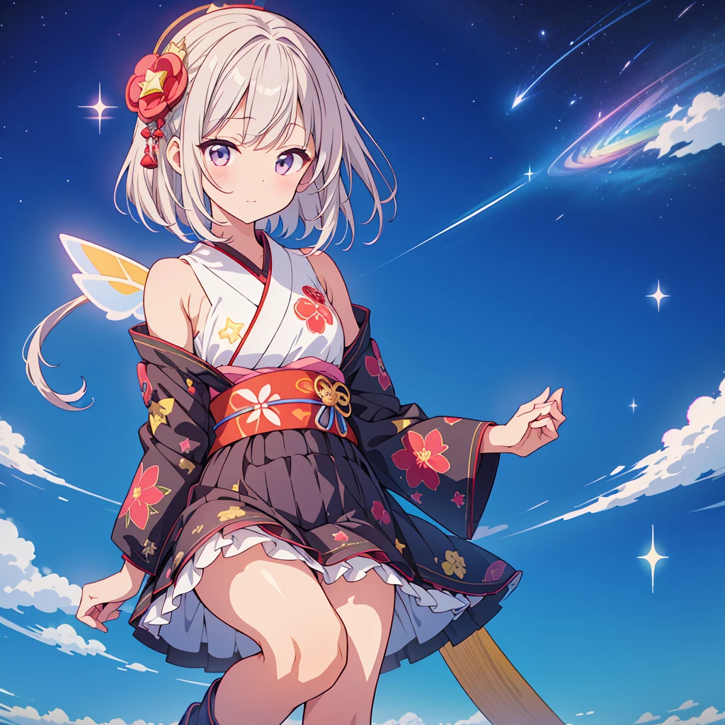 Star Fairy、CGゲームプレーン bsw 、Riding astride a flying vehicle、Smiling at the audience、Carries a magical rod with a star-shaped tip、kawaii tech、universe、rainbow、Gothic Lolita yukata made from a remade kimono、