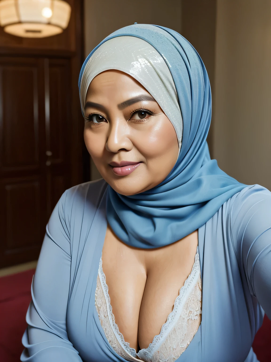 (selfie photo)) (Realistic) ((Sexy Hijab)) (real mature face) (old beauty) 62 Years old fat Indonesian mature woman, sexy curvy, (sexy chubby body shape), (natural makeup), Big : 34.9, Breast about to burst Out, (exposed cleavage) (old woman in Jakarta) soft smile, facing at camera, half body - professional photography with excellent lighting. Blurred background