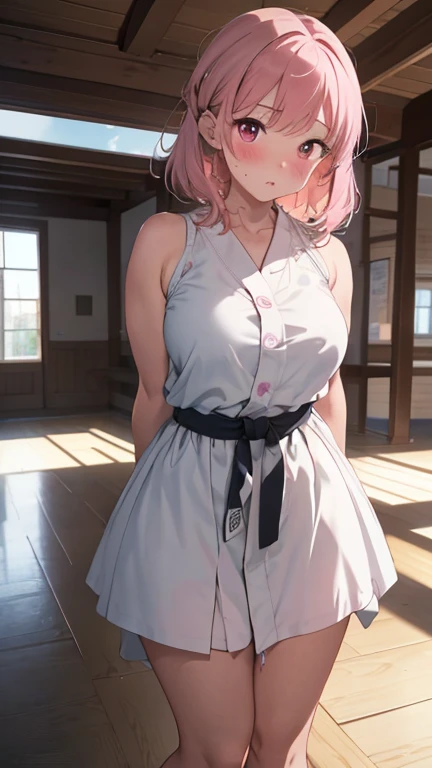 (High quality, High resolution, Fine details), (Male student's bedroom), BREAK (Horizontally striped panties), Panty shot, BREAK (sleeveless shirts), (mini skirt), hands on hips, View from below, solo, curvy women, pink hair, sparkling eyes, (Detailed eyes:1.2), grin, blush, Sweat, Oily skin, shallow depth of field, bokeh