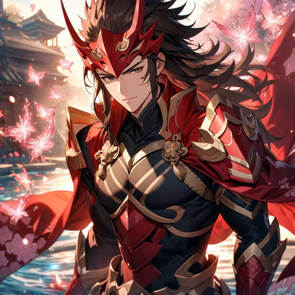 absurdres, highres, ultra detailed, HDR, masterpiece, extremely detailed face and eyes, Ryoma, brown long hair, expressive brown eyes, Fire Emblem Fates, solo, sexy man, handsome, red cape, black tight shirt, patterns, toned chest, black gloves, pink ice flowers, pink ice butterflies, water