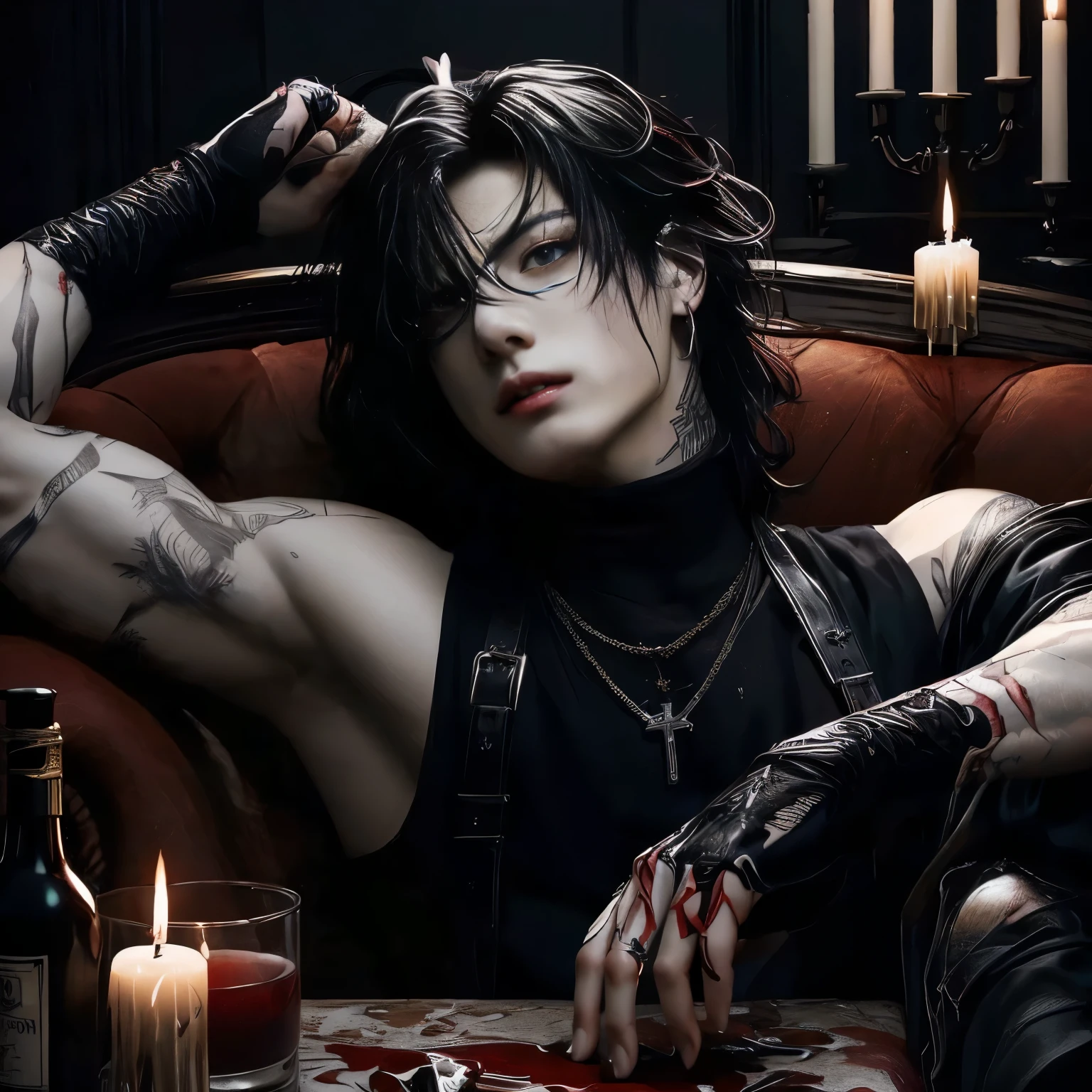 Imagem de um homem com uma faca e sangue no rosto, handsome guy in demon slayer art, handsome vampiro masculino, alucard, androgynous vampire, vampiro masculino, vampiros de anime, vampiro masculino of clan banu haqim, cute japanese demon boy, personagem de anime masculino, lindo deus masculino da morte, badass anime 8 k, arte detalhada de personagem de anime