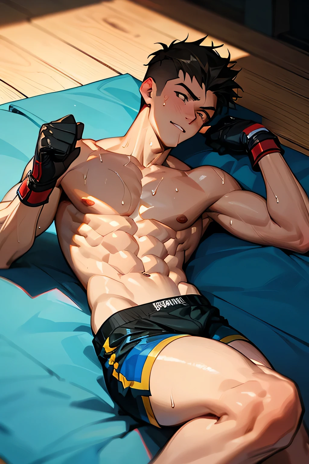 a shirtless exhausted 19-year old handsome caucasian male in faded haircut, mma gloves, fighting shorts, cute, handsome face, six-pack abs, beautiful body, well-defined body, dripping sweat, tired smile, exhausted, lying on the floor, in the ring