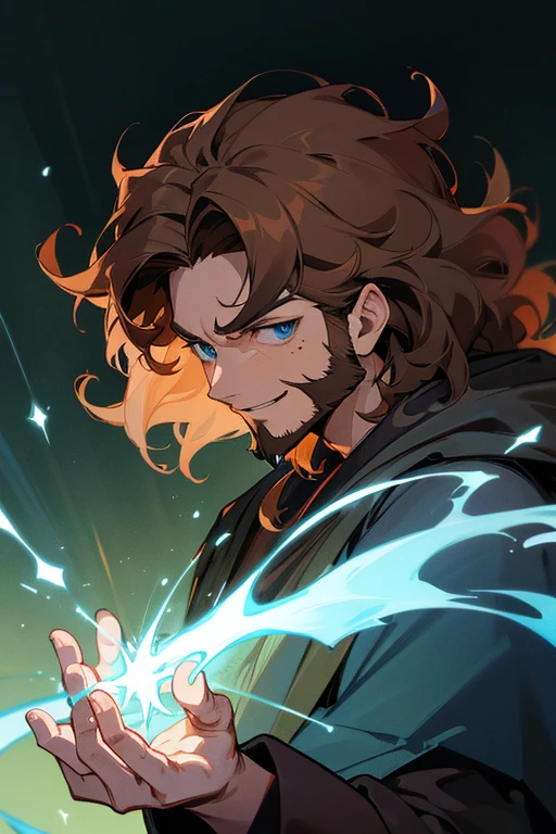 1 man, male, ((upper body and arms, portrait, serious, happy)), accurate to reference image, masterpiece, best quality, ultra-detailed, fantasy, looking at the viewer, brown hair, curly hair, facial hair, beard, adult, colourful, anime artstyle, dark gradient background, vibrant, pale blue eyes, Baldur's gate, dungeons and dragons, magic, robes, dark, wizard, necromancer, slim build, dark magic, blood, ritual, ghibli style, ghibli artstyle, full upper body, casting spell, colourful spell, dark brown curly hair, serious, action pose, attacking