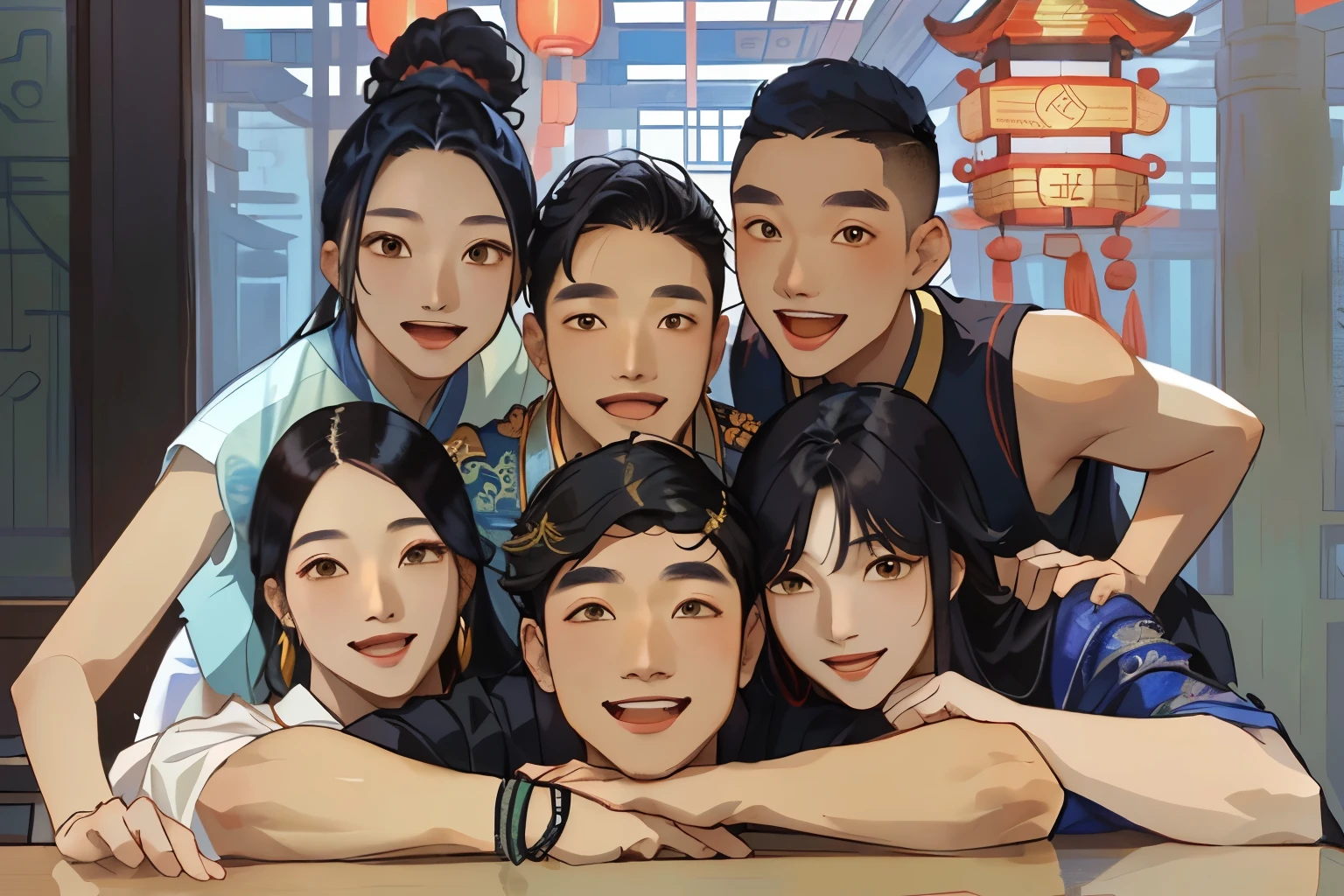 There are many people posing for photos at a table, yanjun chengt, Inspired by Xi Gang, , ruan jian, Still images of happiness, jia ruan, Yu Zhong, Inspired by Lu Guang, subtitle, lu ji, Choi Ji-soo, xue han, Inspired by Zhang Xiaogang, wu liu, You were