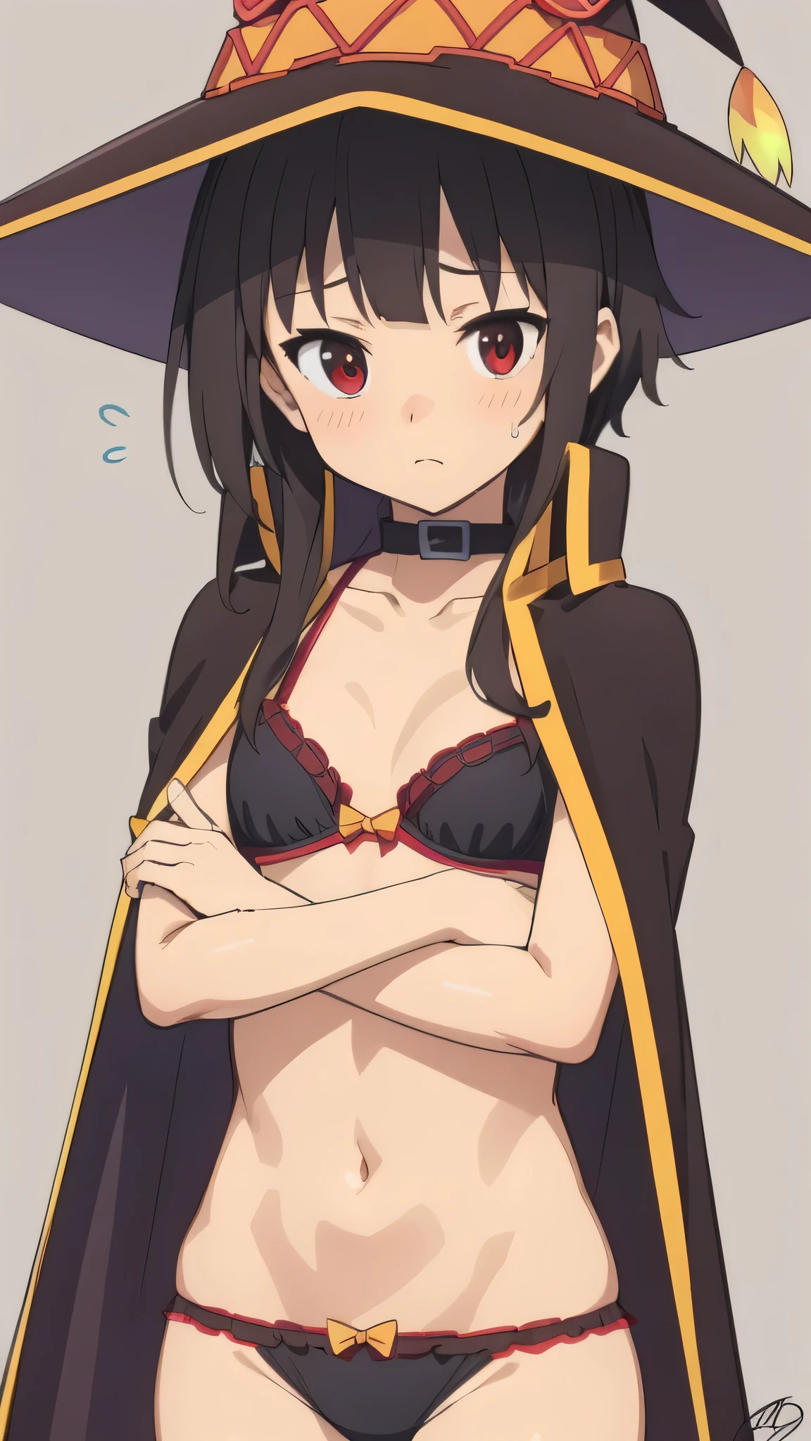 (Best Quality, Masterpiece),sexy, erotic, 1girl, 18 years old, Contempt, pride, short brown hair, ((closed eyes)), proud smile, arrogant, medival tabern, sweat, ((panties)), witch hat, official outfit, small breasts, black panties, standing, ((coat flash)), ((bra)), dark coat, from above,