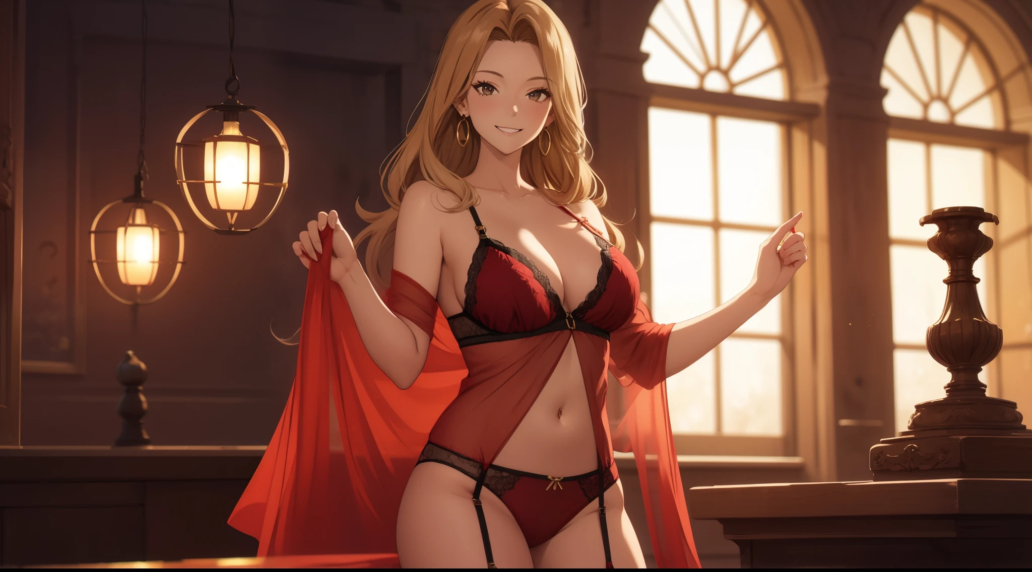 masutepiece, 1womanl, (((Solo))), of the highest quality, Hi-Res, 4K, cleavage, ((Red lingerie)), large breasts, Full body,  earrings, (smile)