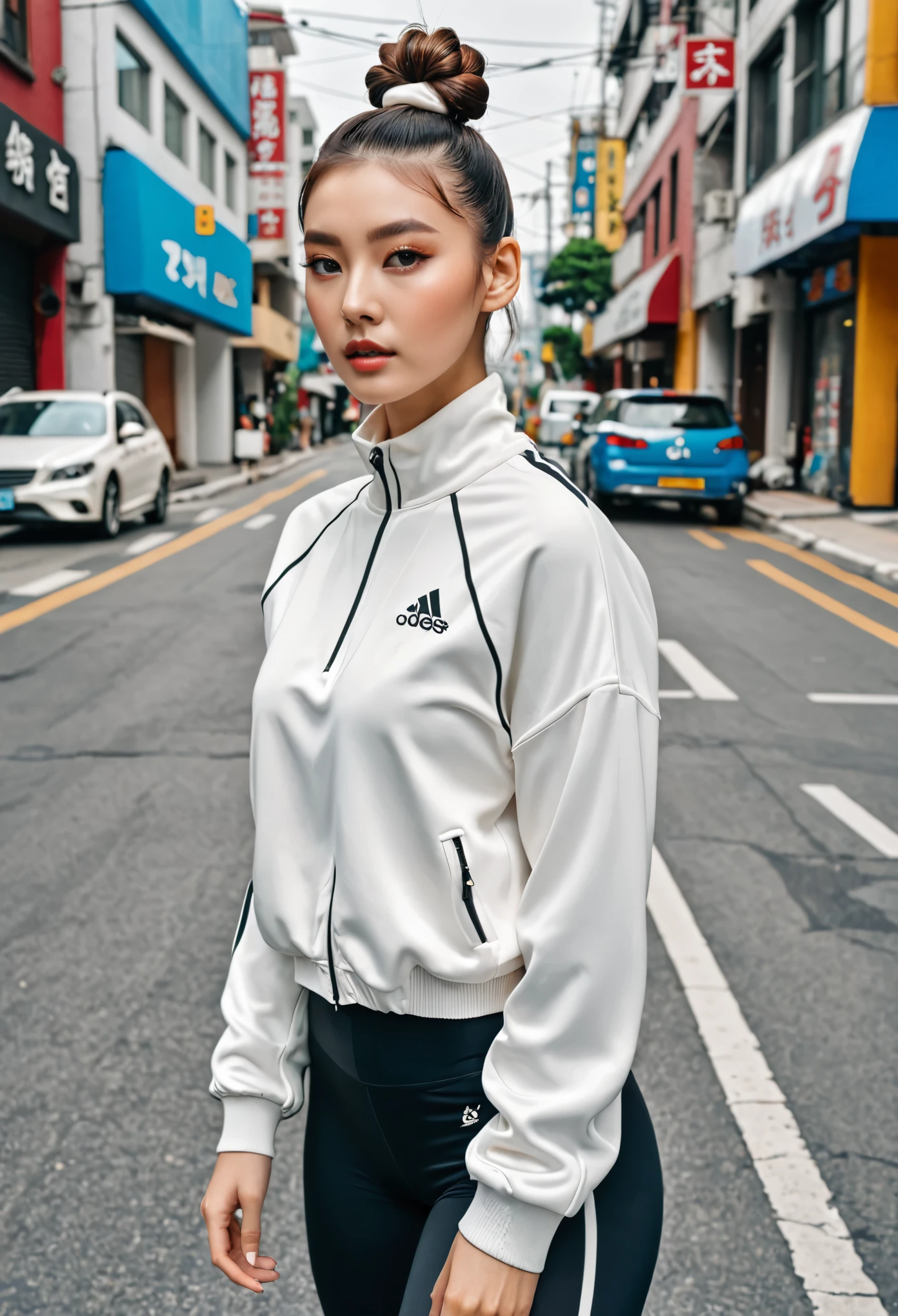 parted_Bun hair, female, sporty fashion,Photo shoot, 도시 standing on the street, elegant girl, standing on the street, Fashion Shoot 8K,