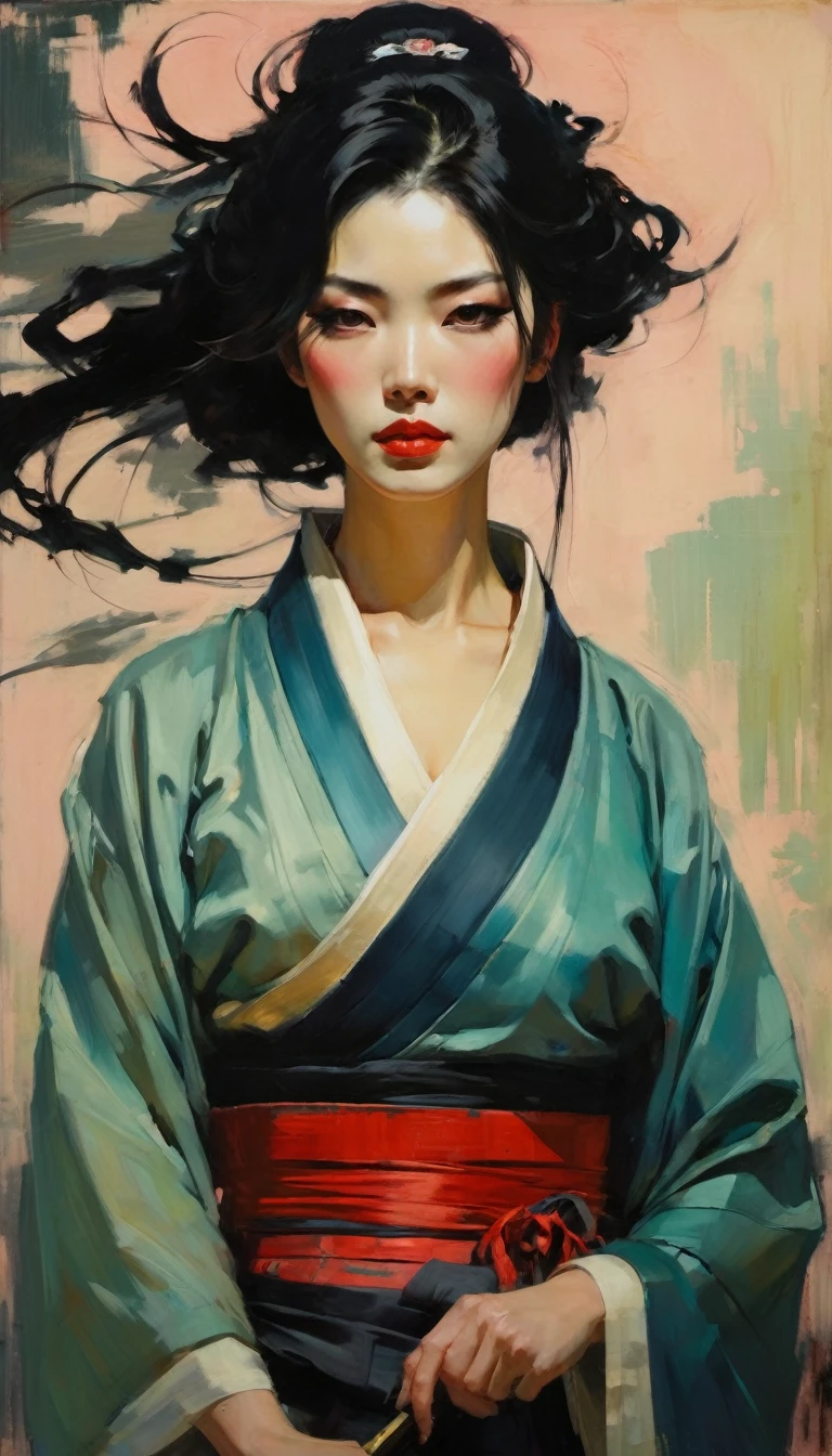 malcolm liepke painting on sensual illustration of an elegant samurai, riot games concept art beauty, eerie, the model draped in flowing, thick oil painting, extremely soft colors, vibrant, highly detailed, , oil on linen, high contrast, dramatic, refined, tonal, Simple painting style,sumi-e,Chinese style painting techniques,soio,anime concept art