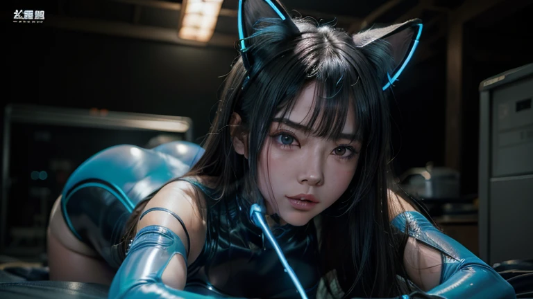 (8k, RAW Photos, highest quality, masterpiece:1.2), (Realistic, photo-Realistic:1.37),(Japanese female models), (Blue Neon),(cyber punk),Wearing a see-through rubber suit,Cat ear,