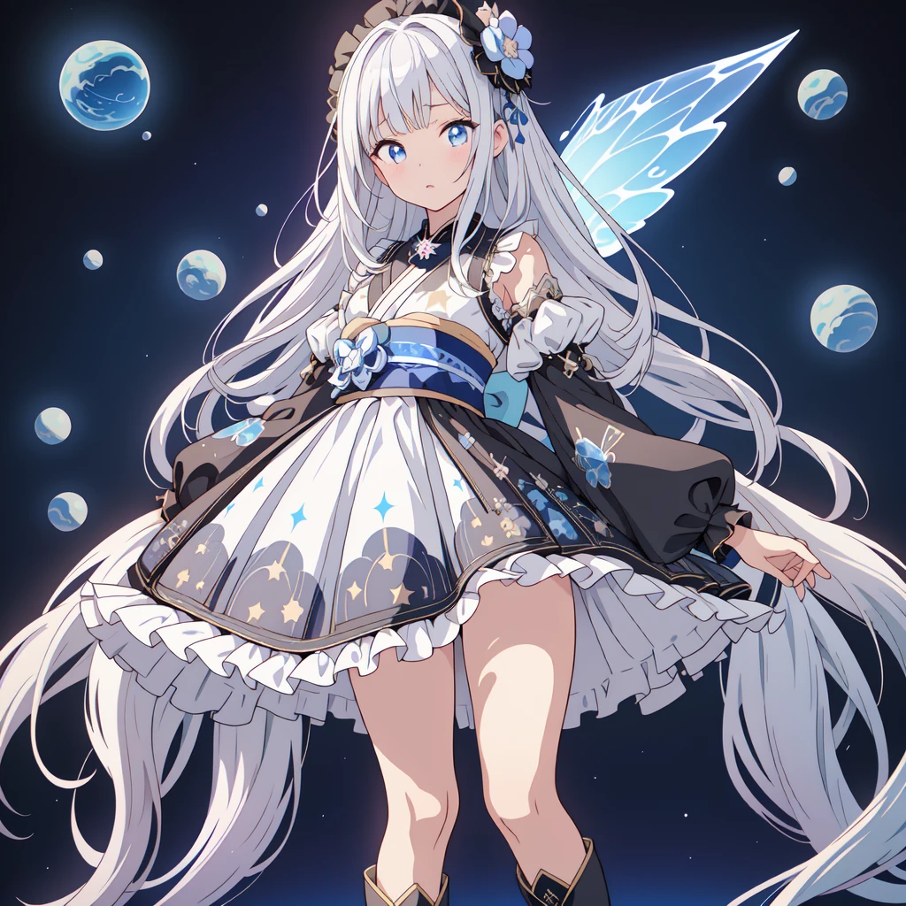 Star Fairy、(masterpiece, best quality), 1girl, 「A beautifully printed galaxy patterned kimono and gothic ****ta outfit.、Space pattern box pleated mini skirt with ruffles、Standing in front of the viewer、Knee-high boots、Captivating eyes、Perfect and stunning face、Exquisite details、Clear images、highest quality。」Milky white and blue gradient long straight hair、