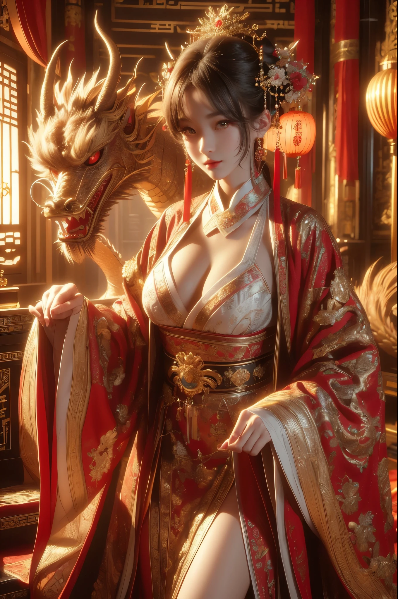 Chinese dress, Chinese dragon, best quality, masterpiece, illustration, realistic, photo-realistic, amazing, finely detail, incredibly absurdres, huge filesize, ultra-detailed, highres, extremely detailed CG unity 8k wallpaper, nsfw, A close-up shot of a beautiful young woman with Korean-style facial features resembling a popular actress. She is wearing a festive Chinese dress with a low-cut neckline and a slit up the side, revealing her ample cleavage and toned legs. Her hair is styled in an elaborate updo, and her makeup is bright and colorful, with a heavy emphasis on her lips and eyes. She is standing in a luxurious Chinese palace, surrounded by ornate furniture and decorations. A large, vividly colored oriental dragon with shimmering scales is prominently featured in the background, its serpentine body coiling through the air behind the woman. The light and shadow in the scene are realistic, and the womanâs skin is flawless, with a hint of a sheen. She is looking directly into the camera, her eyes sparkling with desire and anticipation.