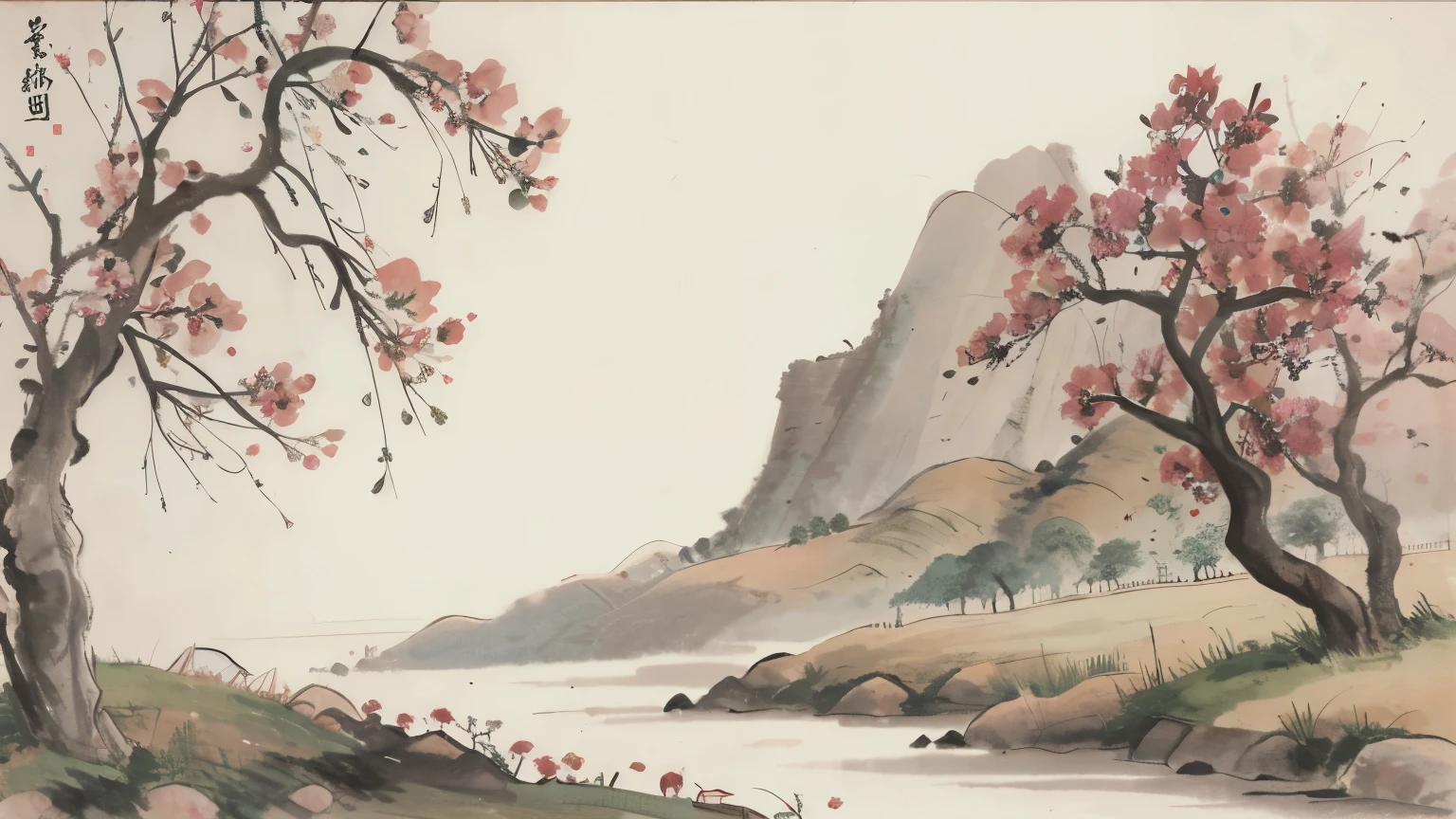 (masterpiece, best quality: 1.2), Traditional Chinese ink painting,,grassland,Peach Blossom Tree,Pear blossom tree,Grass,Flowers