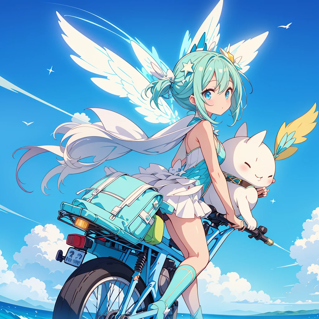 A star fairy riding a pastel-colored vehicle in the shape of a futuristic flying star、