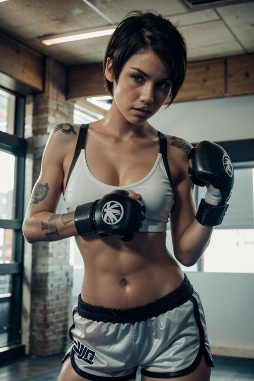 full body shot of slim short haired tattooed girl in boxing gear boxing shorts boxing gloves wet sports bra sweaty leaning forward cleavage
