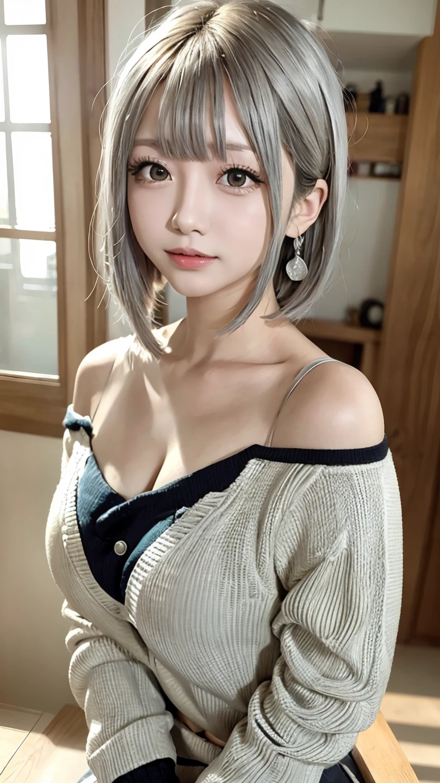 Realistic, masterpiece, highest quality, Highest Resolution, A portrait of a Japanese woman depicting only the upper body, He looks happy、Smiling with mouth slightly open., Slightly to the side, Definitely watching the audience, Beautiful fine details, Iris, Tear bags,Thin eyebrows, (Draw eyelashes carefully), Natural Makeup, Brown eyeliner, Bright orange cheeks, Bright colored lipstick, short hair,Floating hair,Silver hair with blue tips,Pure Bangs, Detailed face, (A simple black off-the-shoulder sweater),Big Breasts,Cleavage,Simple design silver earrings, Silver necklace with small crescent charm,nsfw