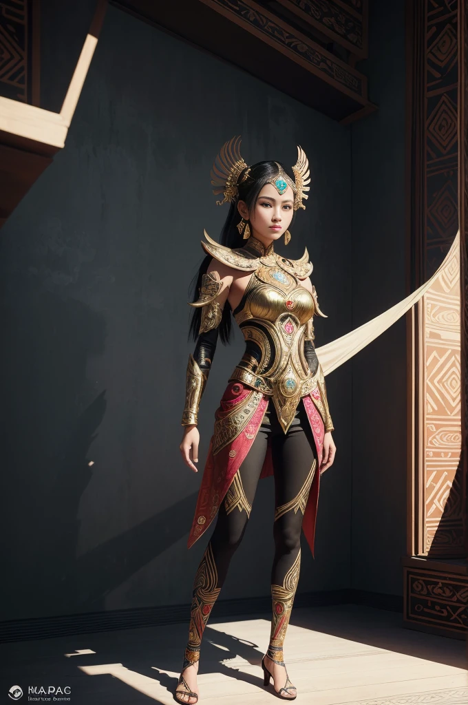 An Indonesian-styled futuristic suit worn by a girl depicting cultural fusion and modern fashion. The suit is adorned with intricate patterns and vibrant colors, showcasing the rich heritage of Indonesia. The girl stands confidently in a dynamic pose, with her detailed eyes reflecting determination and curiosity. The suit's material is a combination of traditional textiles and futuristic synthetic fabrics, giving it a unique and avant-garde appearance. The overall image quality is of the highest standard, with sharp focus and ultra-detailed rendering. The artwork employs physically-based rendering techniques, resulting in realistic lighting and shadows. The colors are vivid and vibrant, capturing the essence of Indonesian cultural aesthetics. The background features a fusion of modern architecture and traditional elements, creating a harmonious blend of the past and the future. The prompt explores the intersection of Indonesian culture, futuristic design, and the artistic representation of a confident girl.