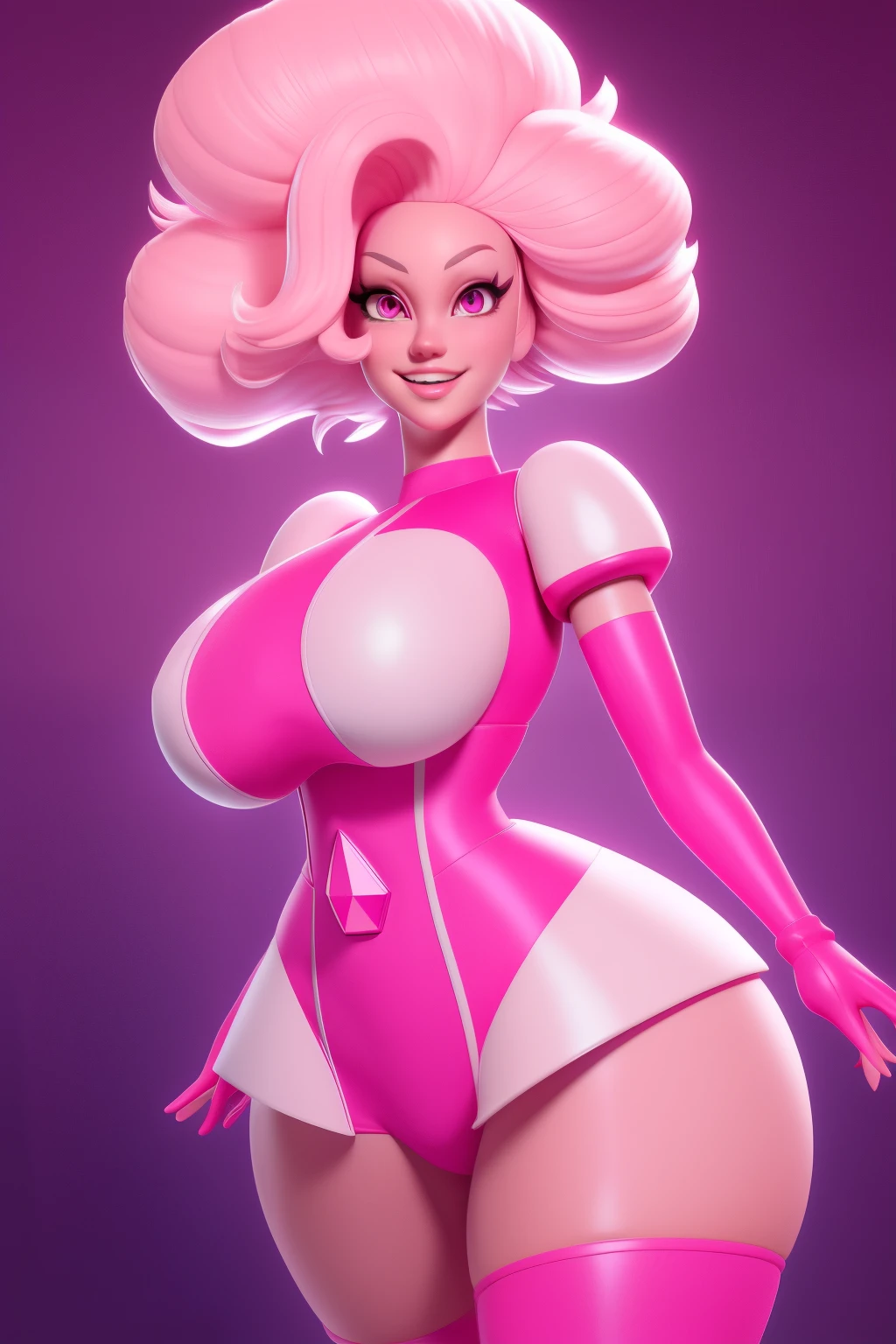 pnkdamond, pink hair, pink eyes, big hair, stomach gem, pink skin, toned,
puffy short sleeves, elbow gloves , white thighhighs, puffy dress,
standing, upper body,
outerspace,
(insanely detailed, beautiful detailed face,beautiful detailed eyes, masterpiece, best quality) cinematic lighting, smile,