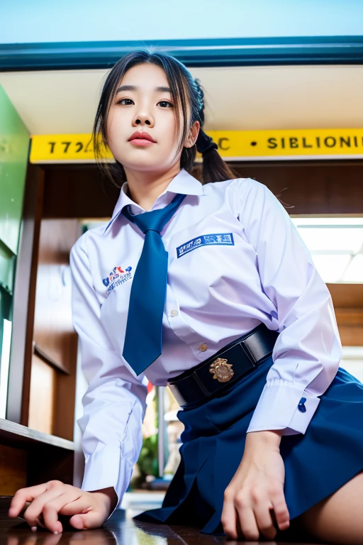 (realistic:1.2),from the front,(View from below:1.4),
18 yo,(shy)Thai, ponytail, white collar shirt, long-sleeved shirt,bark blue necktie, pleated skirt, dark blue long skirt,  black belt, white socks, black loafers,  Thighs look good, 
Sitting position,  (thigh:1.4),(look away:1.4),(classroom background) ,
Mix 4,