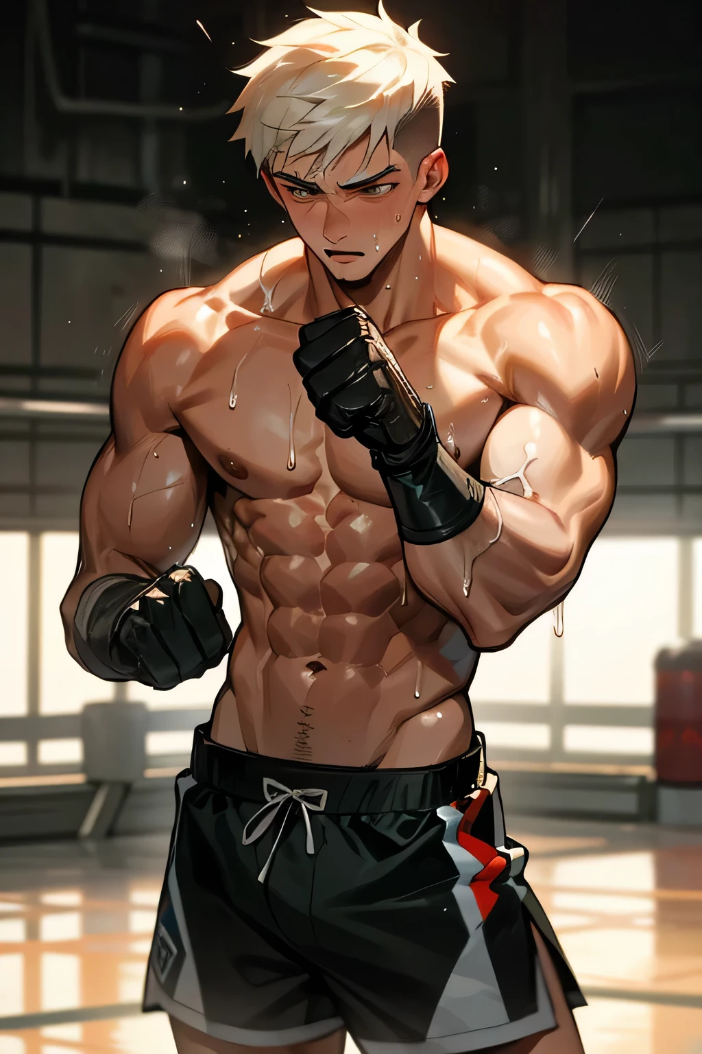 a shirtless exhausted 19-year old handsome caucasian male in faded haircut, mma gloves, fighting shorts, cute, handsome face, six-pack abs, beautiful body, well-defined body, dripping sweat, drenched with sweat, panting, exhausted, standing in the ring