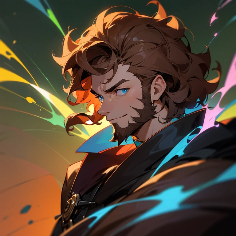 1 man, male, ((upper body and arms, portrait, serious, happy)), accurate to reference image, masterpiece, best quality, ultra-detailed, fantasy, looking at the viewer, brown hair, curly hair,  hair, beard, adult, colourful, anime artstyle, dark gradient background, vibrant, pale blue eyes, Baldur's gate, dnd, magic, robes, dark, wizard, slim build, dark magic, full upper body, casting spell, colourful spells, dark brown curly hair, action pose, attacking, villain, corrupt