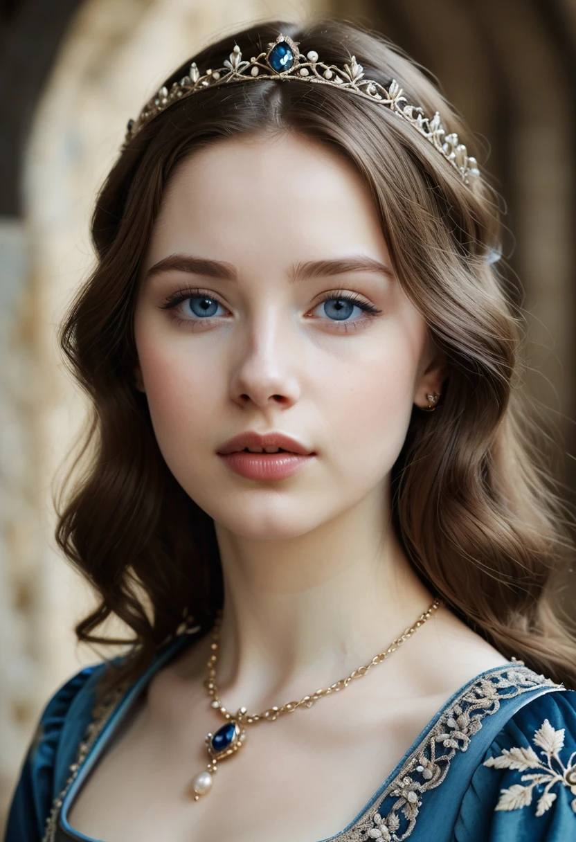 medieval, portrait photo of 25 y.o princess in blue dress, face, pale skin, intricate details, brown hair