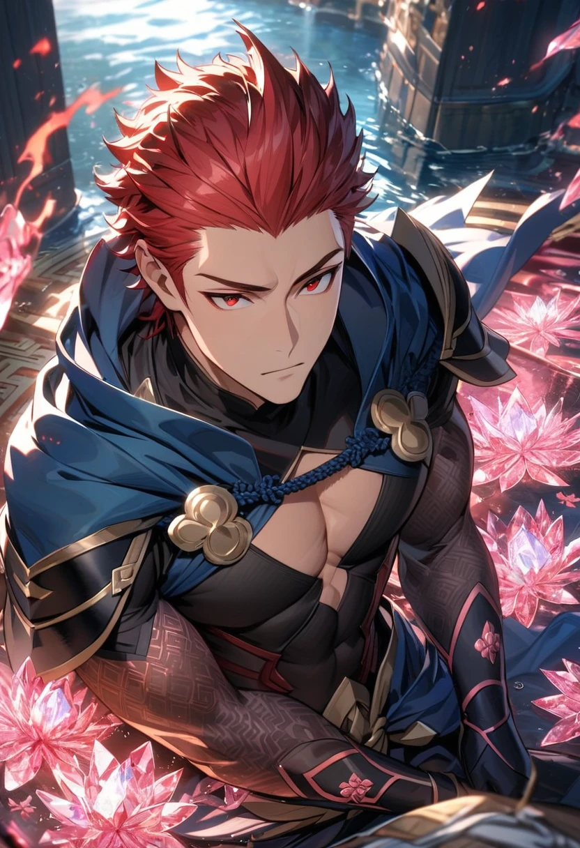 absurdres, highres, ultra detailed, HDR, masterpiece, extremely detailed face and eyes, Saizo, red hair, expressive red eyes, Fire Emblem Fates, solo, sexy man, handsome, blue cape, black tight shirt, patterns, toned chest, black gloves, pink ice flowers, pink ice butterflies, water
