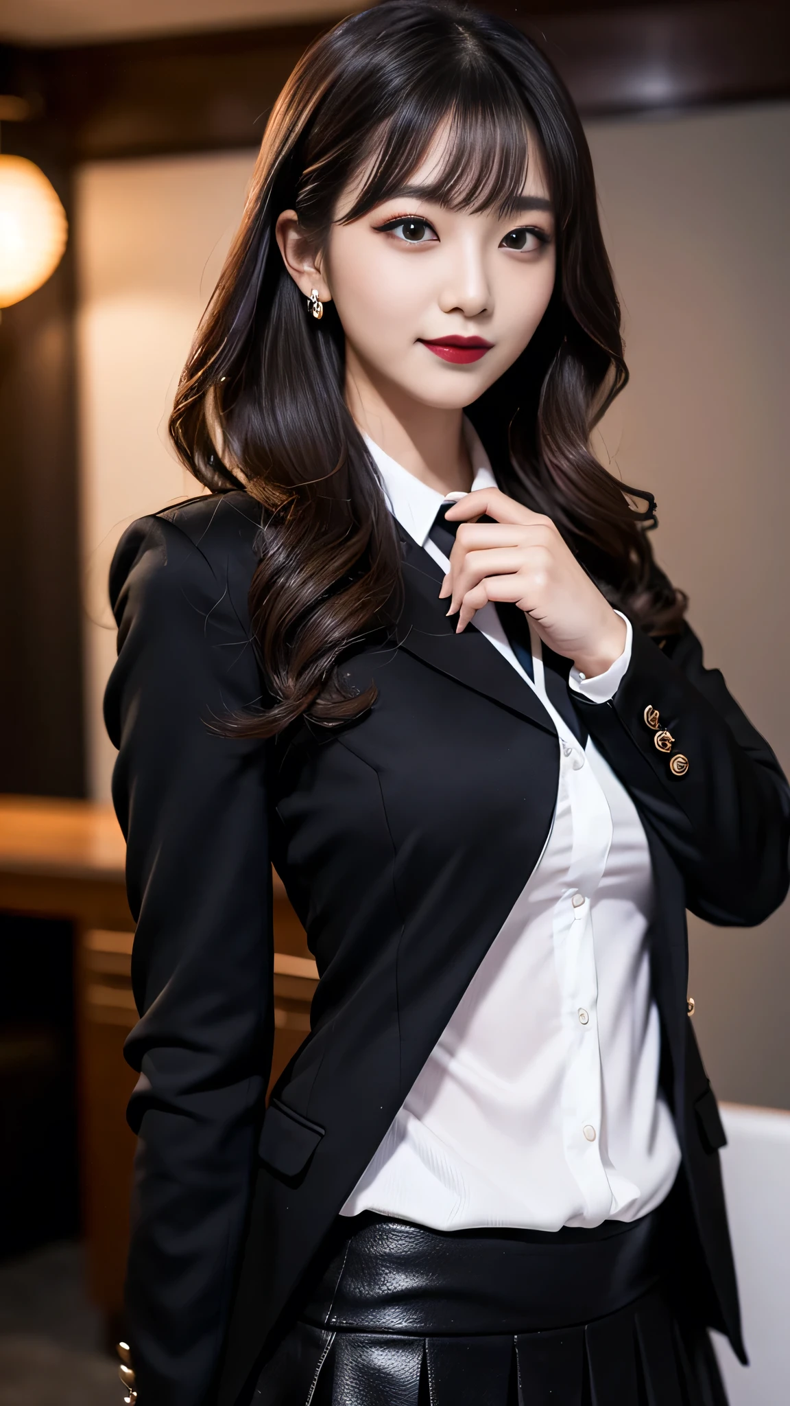 best quality、ultra-detailed、4k、Japanese、Seductive beauty、seductive adult woman、Pretty Woman、cool girl、Villainess、Brainwashed、brainwash、Fallen into evil、smirk、Evil look、Wicked Smile、evil、Brown hair、wavy hair、swept bangs、dark makeup、dark makeup、piercing eyes、hollow eyes,half-closed eyes、Hollow Eyes、purple Eyeshadow、black lipstick、black lipglos、office lady、uniform、suit、Jacket、White blouse、Tight Skirt、night、inside darkroom、Are standing、Beautiful feet、Having lipstick、Engraving a rose pattern、Emblem of Evil、Crest of Darkness、Swear allegiance、I have pledged my allegiance、Dye black、Blackening、Stained with evil、Dyed in darkness
