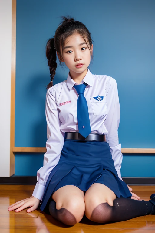 (realistic:1.2),from the front,(View from below:1.4),
18 yo,(shy)Thai, ponytail, white collar shirt, long-sleeved shirt,bark blue necktie, pleated skirt, dark blue long skirt,  black belt, white socks, black loafers,  Thighs look good, 
Sitting position,  (thigh:1.4),(look away:1.4),(classroom background) ,
Mix 4,