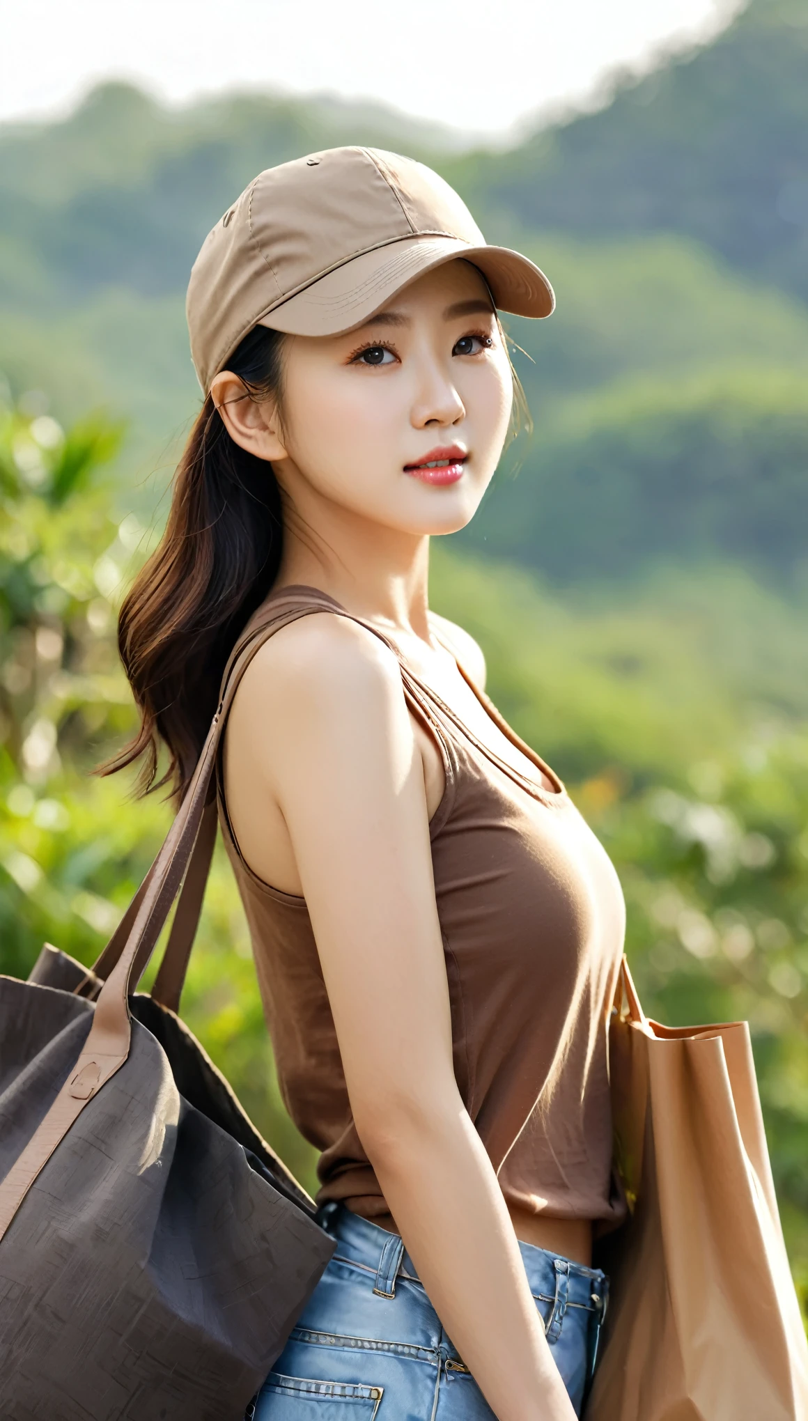 close-up of beautiful korean female, 34 inch breasts size, wearing brown tank top, shorts, cap, carry bag, lost in africa, bokeh background, UHD