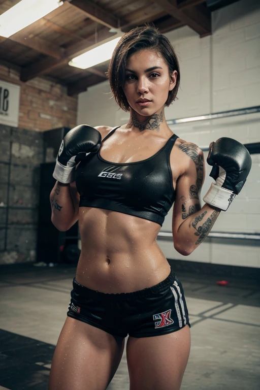 slim short haired tattooed girl in boxing gear boxing shorts boxing gloves hung over shoulder wet sports bra sweaty leaning forward toward viewer cleavage eye contact teasing