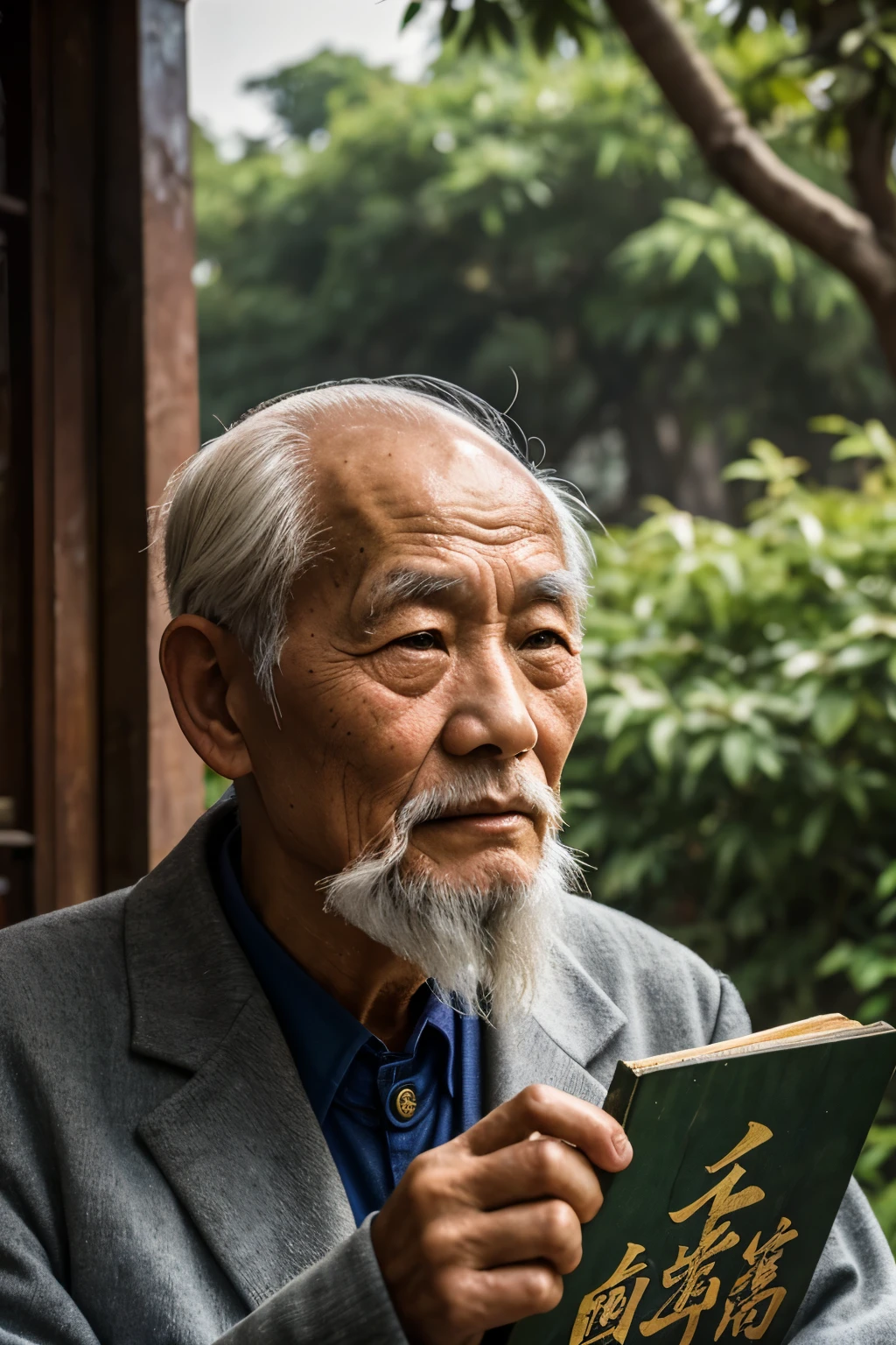 An old man with traditional Chinese thoughts,Real frontal photos,Authentic background,The background is nature,holding books,worn-out clothing,The face is covered with wrinkles,80-year-old Chinese medicine practitioner,insight,The beard has turned white,male,country style,Keep your head empty with eye lens