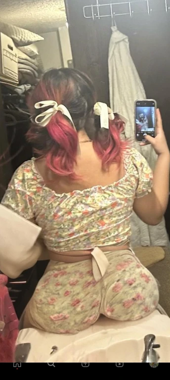 woman with pink hair taking a picture of herself in the mirror, wearing pink hair bow, pigtails, colorful pigtail, wearing underwear, with pink hair, wearing pink panties, back of the hair, roses in her hair, pink hair covered with hairpins, view from the back, curvy and bow, shot from the back, thick bow, insanely inflated hips, beautiful girl, big ass, huge ass, bbw, from behind, thick, thick thighs, wide hips, bbw, big , sideboob, giant ass, side view, big butt, round butt, tight underwear, underwear halfway off, underwear taking off, grabbing ass, ass spilling over underwear, too thick for clothes, side angle, chubby stomach, big , filipina, fat ass on sink