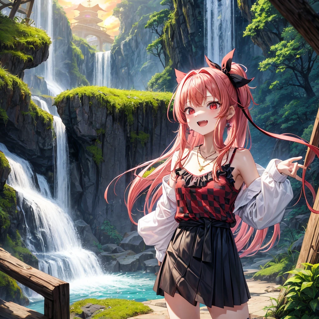 PinkRedGoldGolden Hair、Red eyes、One good looking girl、solo、anime、Checkered mini skirt、Black camisole、Black T-shirt、hoodie、Wearing a ribbon、Ribbon on waist、Crystal Earrings、Gemstone Necklace、Light and shadow、Tilting face、Teeth are visible、waterfall、Torrent、tunnel、pylon、Sunset sky、Towering、frilled lizard、light、flash、Barrel、Wife、loose、moss、isolated island、Hell's Gate、Blue flame