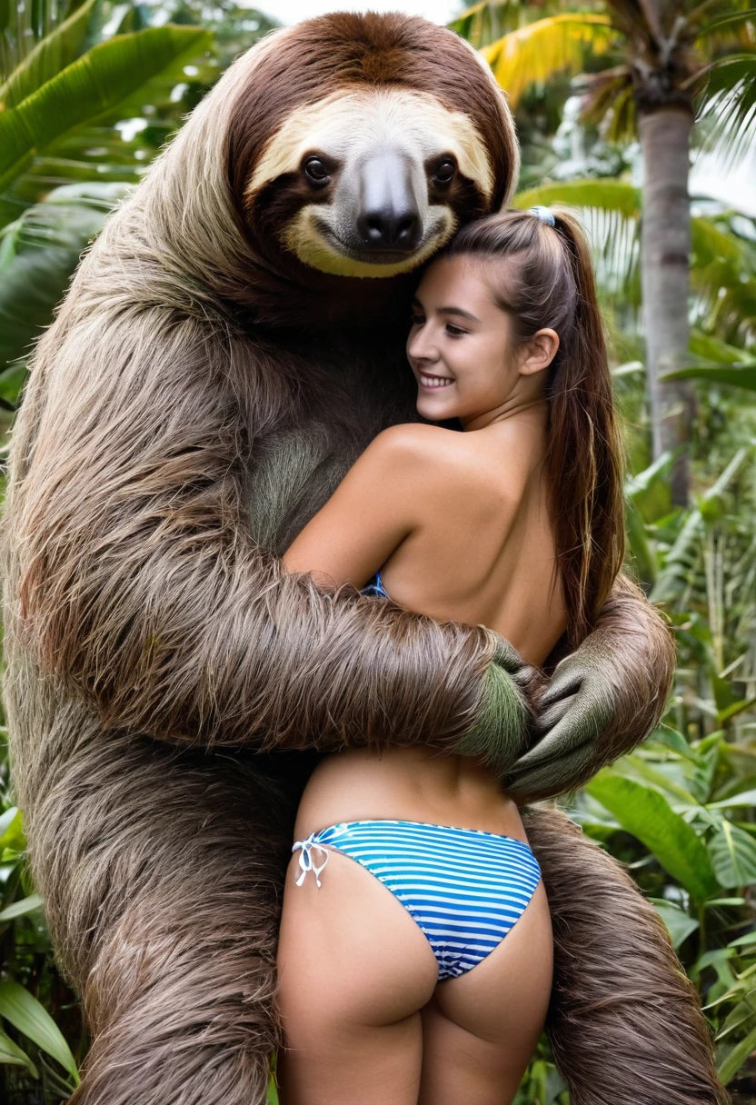 Large massive gigantic stuffed animal giant sloth monster carries topless beautiful bikini   girl in his arms embrace  cuddling 