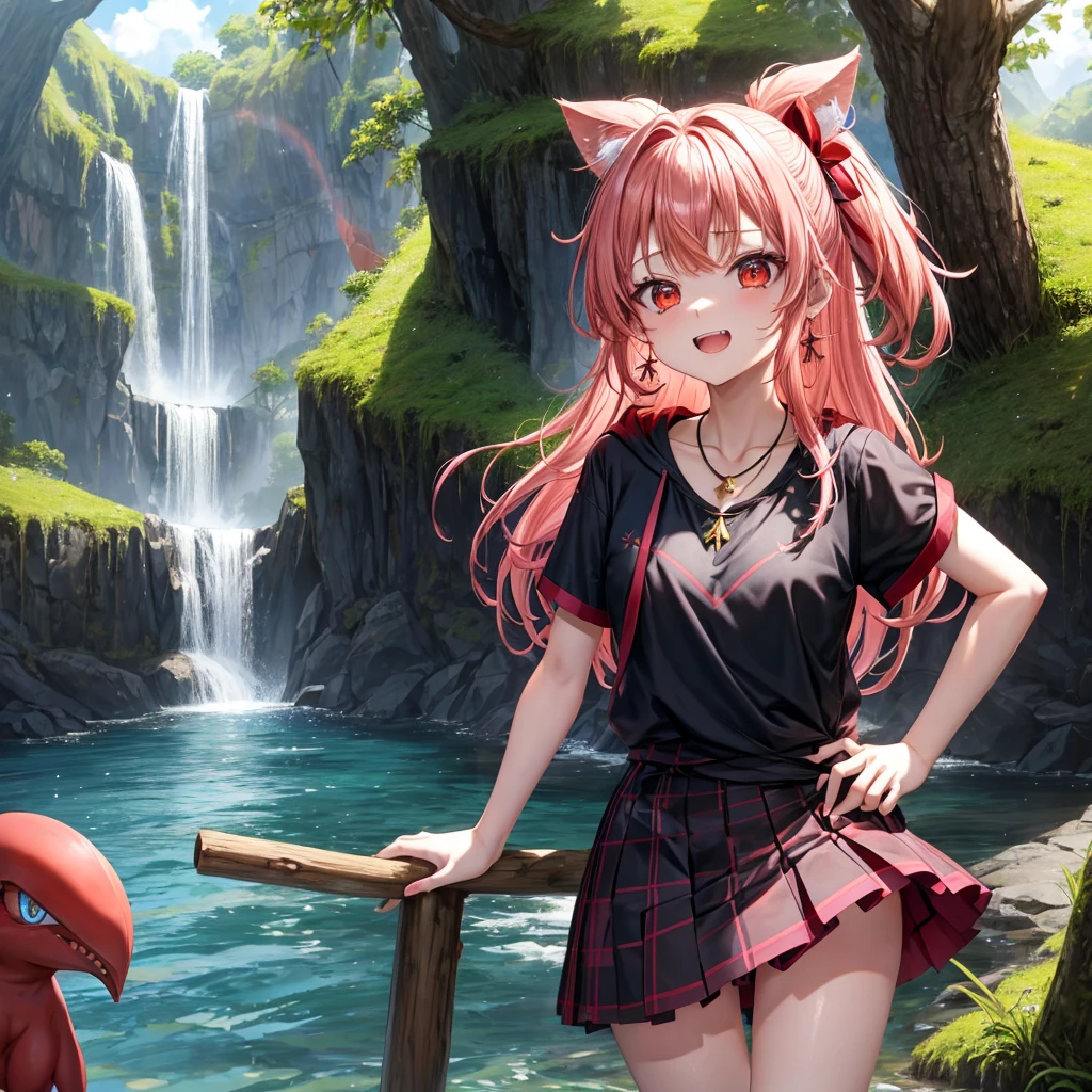 PinkRedGoldGolden Hair、Red eyes、One good looking girl、solo、anime、Checkered mini skirt、Black camisole、Black T-shirt、hoodie、Wearing a ribbon、Ribbon on waist、Crystal Earrings、Gemstone Necklace、Light and shadow、Tilting face、Teeth are visible、waterfall、Torrent、tunnel、pylon、Sunset sky、Towering、frilled lizard、light、flash、Barrel、Wife、loose、moss、isolated island、Hell's Gate、Blue flame