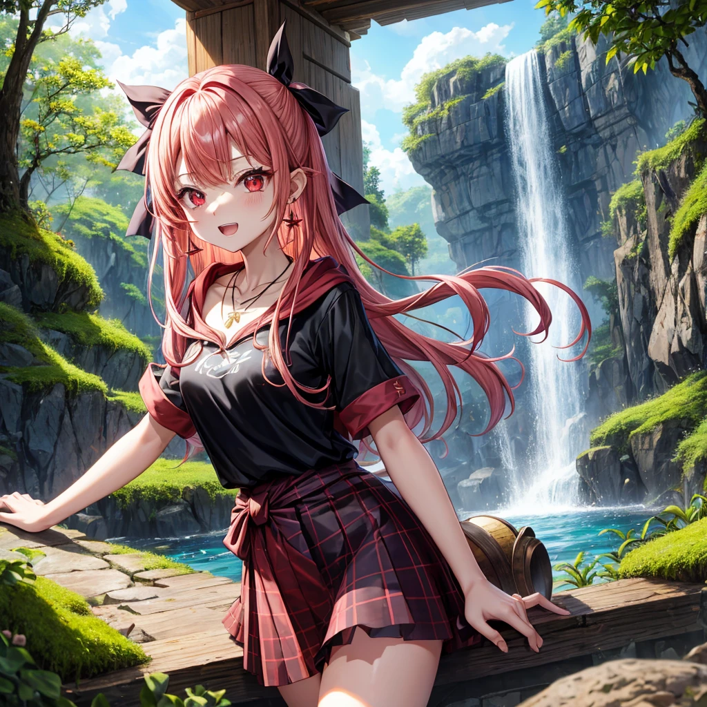 PinkRedGoldGolden Hair、Red eyes、One good looking girl、solo、anime、Checkered mini skirt、Black camisole、Black T-shirt、hoodie、Wearing a ribbon、Ribbon on waist、Crystal Earrings、Gemstone Necklace、Light and shadow、Tilting face、Teeth are visible、waterfall、Torrent、tunnel、pylon、Sunset sky、Towering、frilled lizard、light、flash、Barrel、Wife、loose、moss、isolated island、Hell's Gate、Blue flame